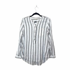 Lucky Brand White & Gray Striped Split Neck Button Front Top Large Women’s